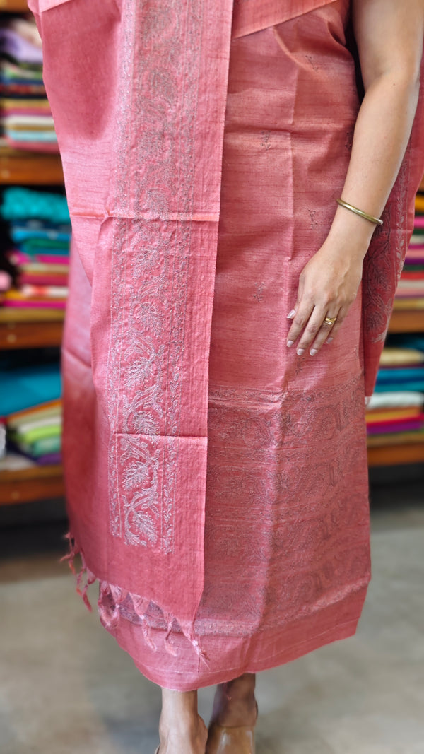 Light Peach Semi Tussar Suit with Copper Thread Embroidery - TTV4