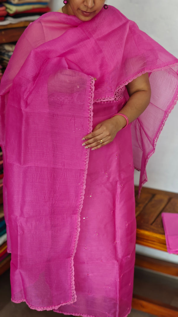 Pink Supernet Kota Suit with Hand Crochet - TB48