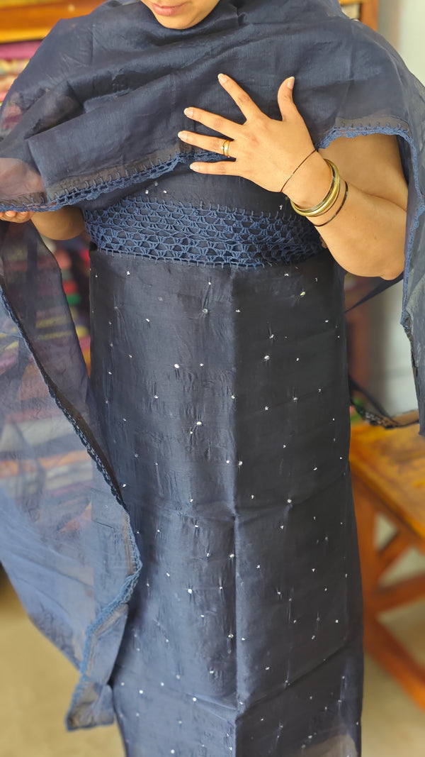 Navy Blue Supernet Kota Suit with Hand Crochet - TB48