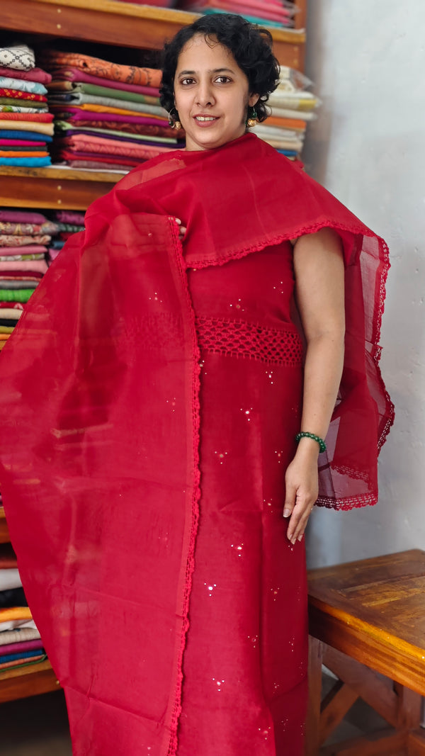 Dark Red Supernet Kota Suit with hand Crochet - TB48