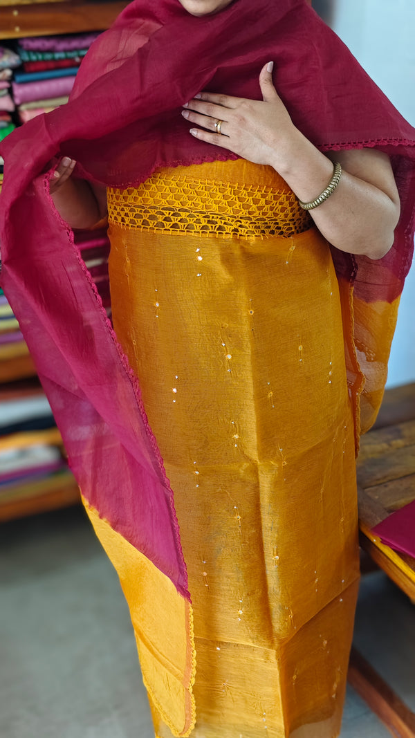 Mustard and Maroon Supernet Kota Suit with Hand Crochet - TB48