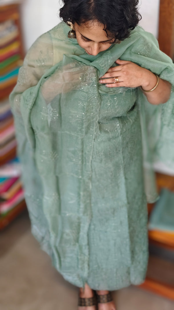 Mint Green Embroidered Crushed Organza Suit