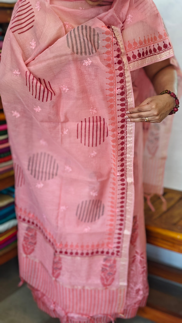 Pink Block Printed Chanderi Suit with Applique work