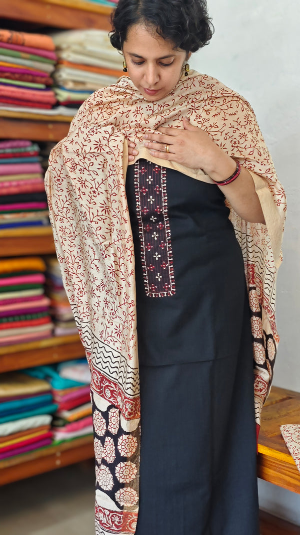 Black Cotton Suit with Block printed Dupatta