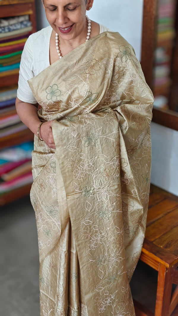 Golden Beige Embroidered Tussar Silk Saree - ETS25