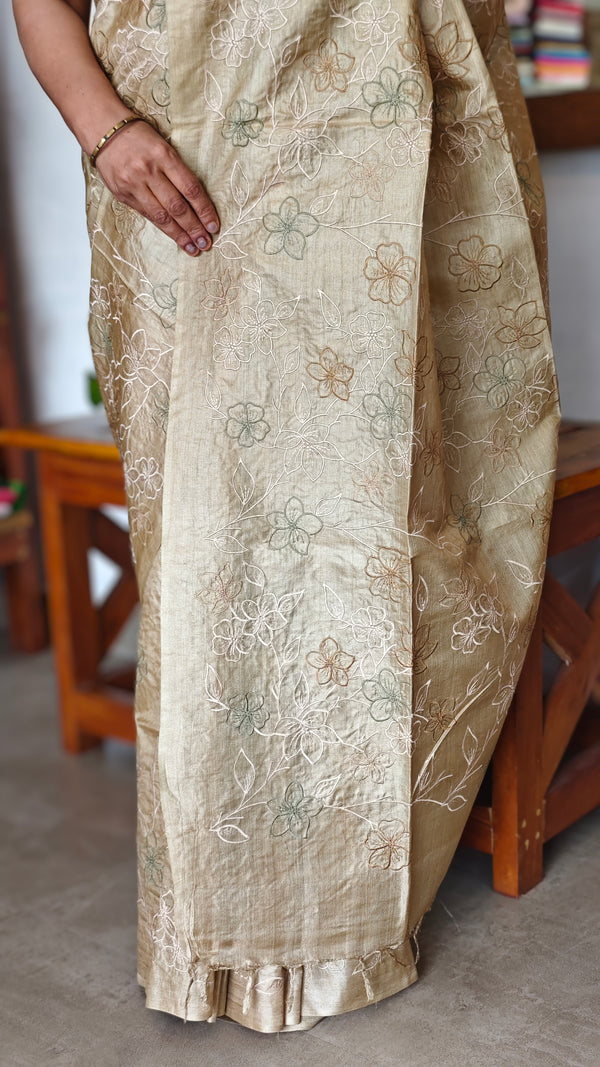 Golden Beige Embroidered Tussar Silk Saree - ETS25