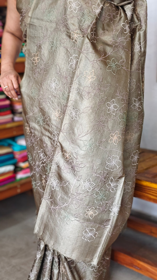Tate Olive Green Embroidered Tussar Silk Saree - ETS25