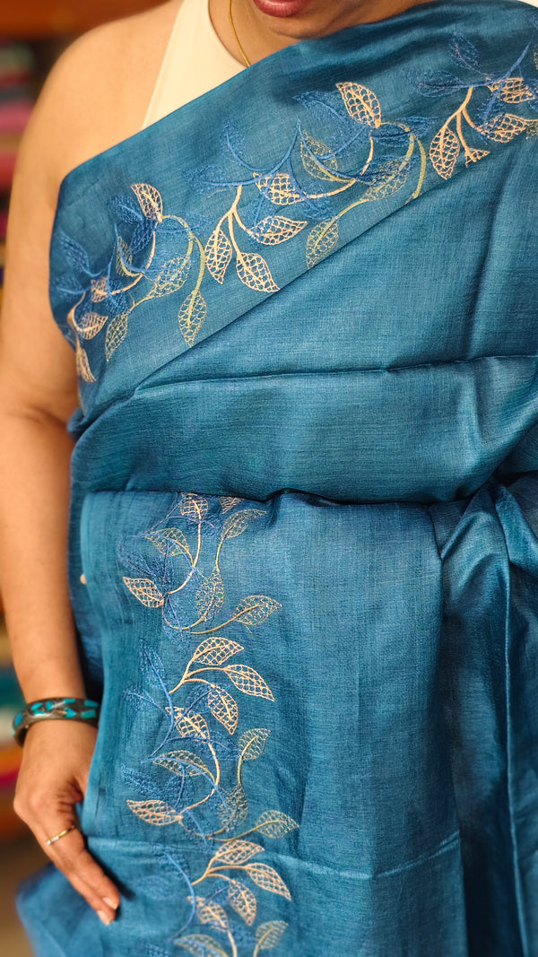 Classic Blue Embroidered Tussar Silk Saree - ETS25