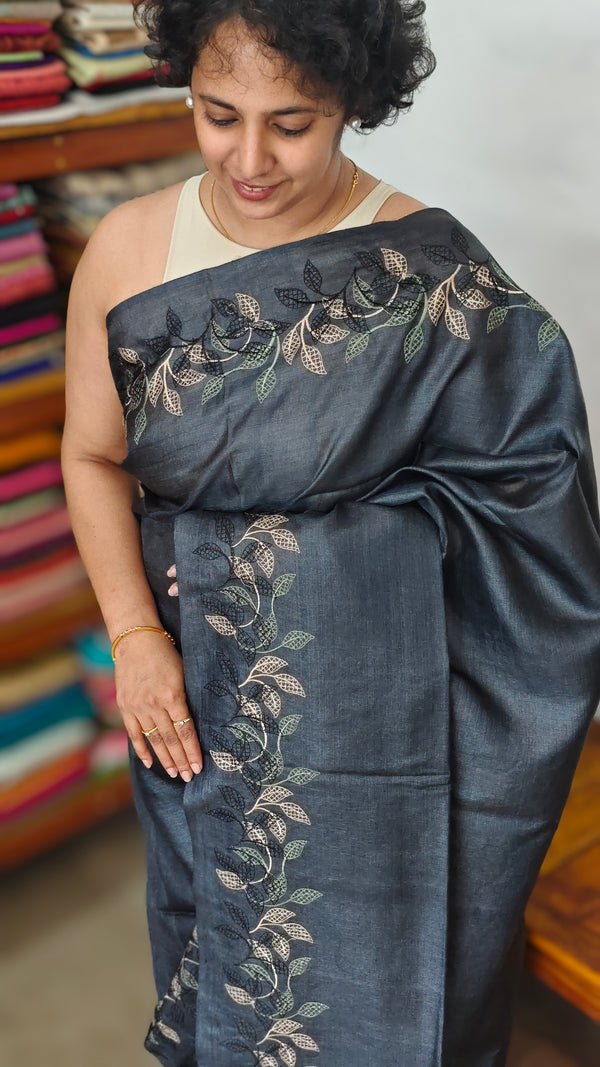 Onyx Black Embroidered Tussar Silk Saree - ETS25