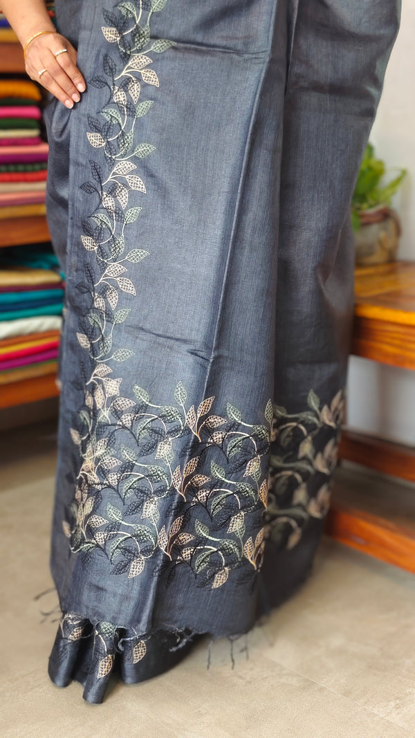Onyx Black Embroidered Tussar Silk Saree - ETS25