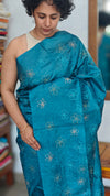 Turquoise Blue Embroidered Tussar Silk Saree - ETS25
