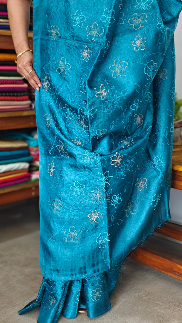 Turquoise Blue Embroidered Tussar Silk Saree - ETS25