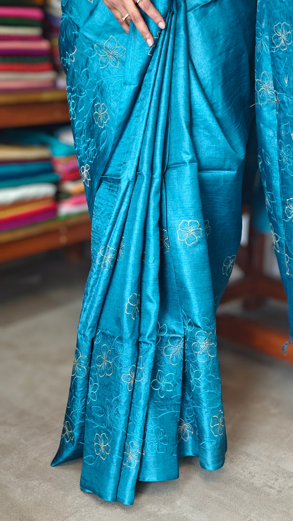 Turquoise Blue Embroidered Tussar Silk Saree - ETS25