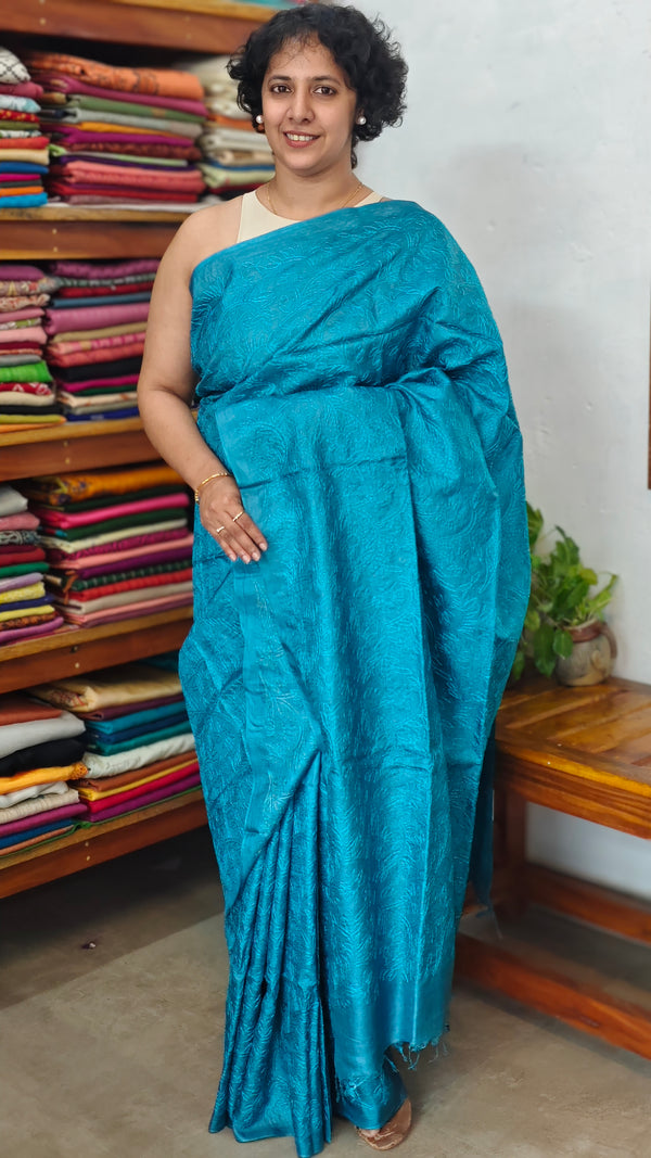 Cerulean Blue Embroidered Tussar Silk Saree - ETS25