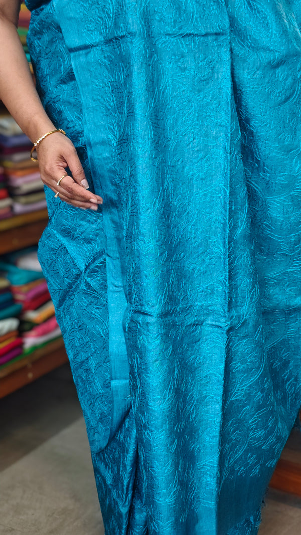 Cerulean Blue Embroidered Tussar Silk Saree - ETS25