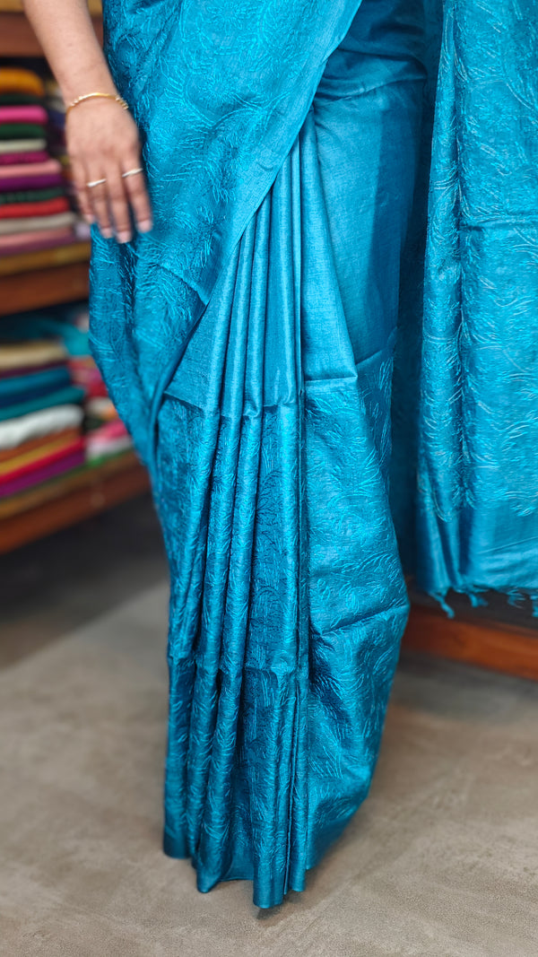 Cerulean Blue Embroidered Tussar Silk Saree - ETS25