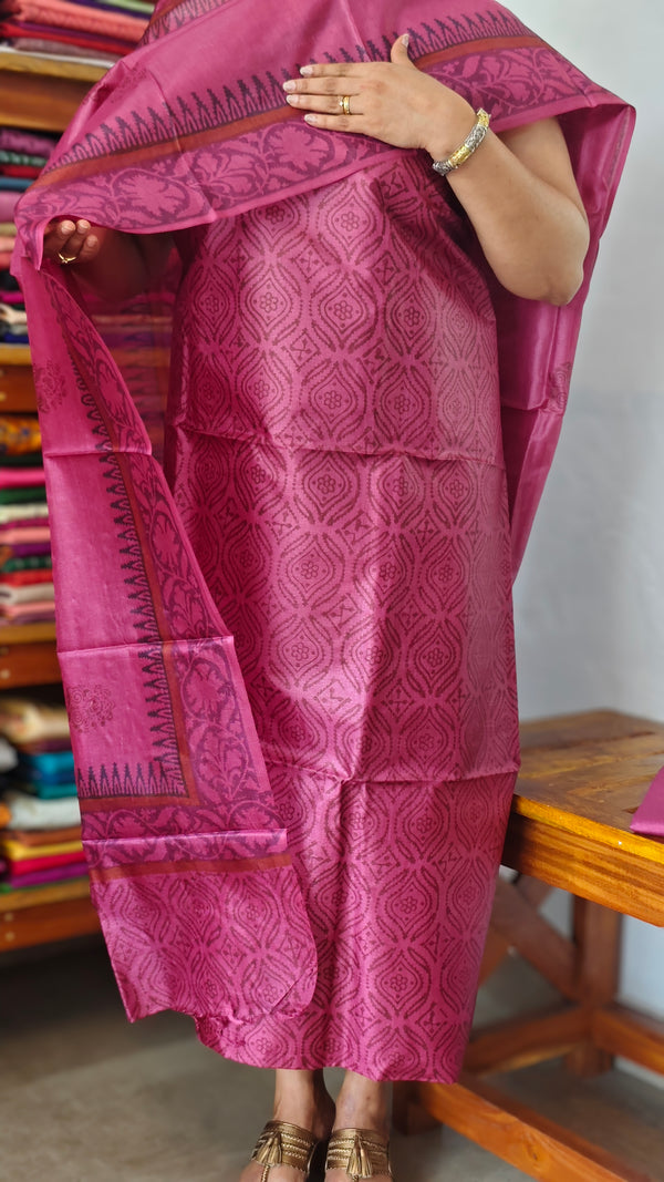 Dark Pink Printed Tussar Silk Suit - PTS25