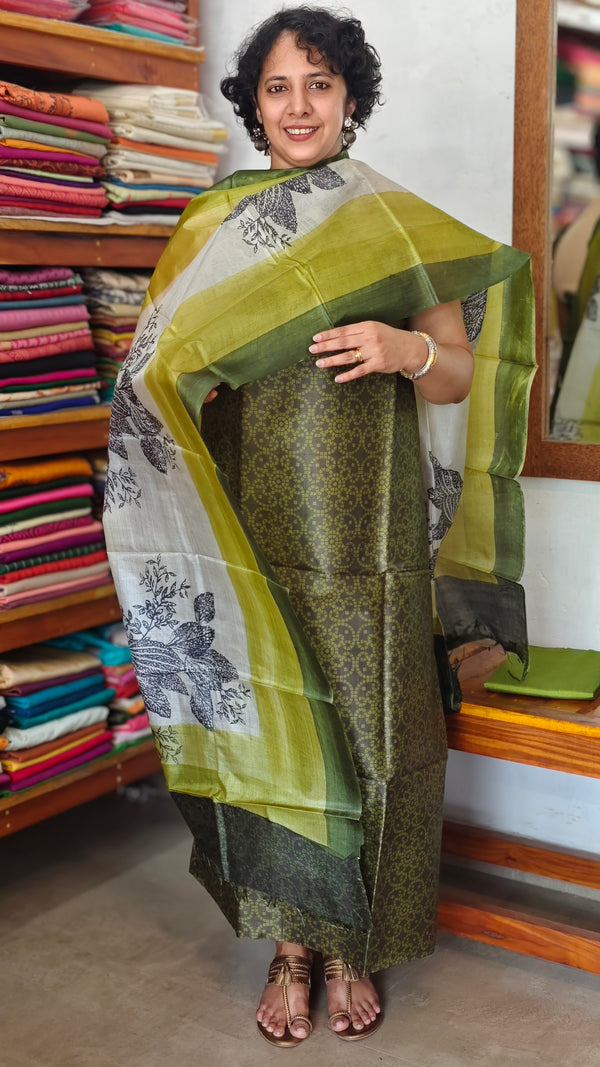 Olive Green Printed Tussar Silk Suit - PTS25