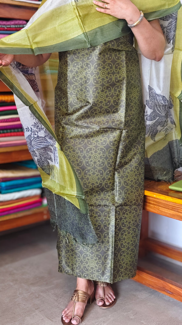 Olive Green Printed Tussar Silk Suit - PTS25