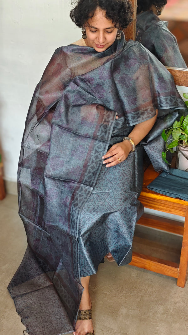 Grey Printed Tussar Silk Suit - PTS25