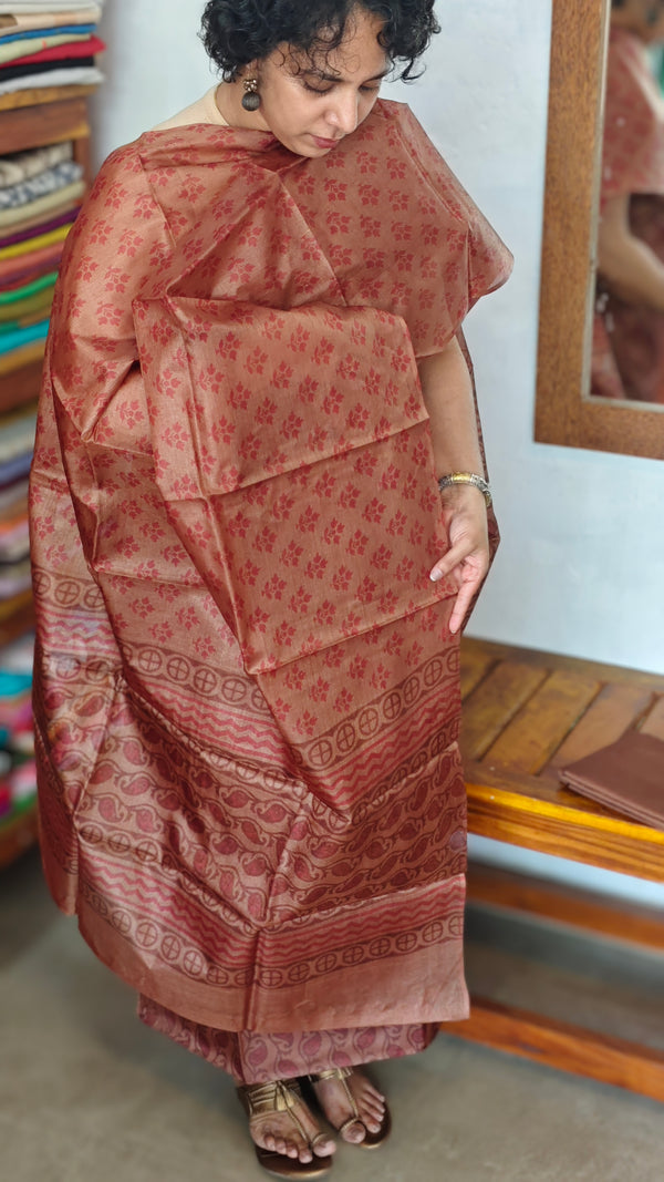 Brown and Brick Red Printed Tussar Silk Suit - PTS25