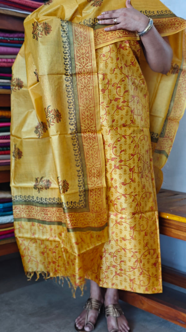 Mustard Yellow Printed Tussar Silk Suit - PTS25