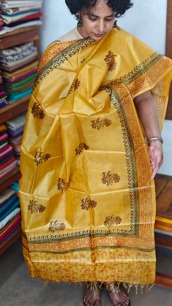 Mustard Yellow Printed Tussar Silk Suit - PTS25