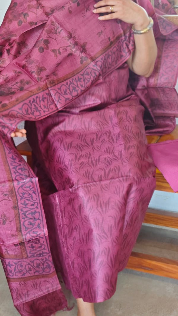 Wine Printed Tussar Silk Suit - PTS25
