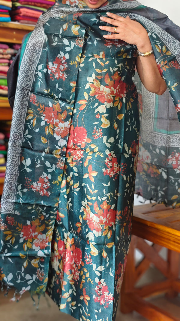 Dark Green Printed Tussar Silk Suit - PTS25