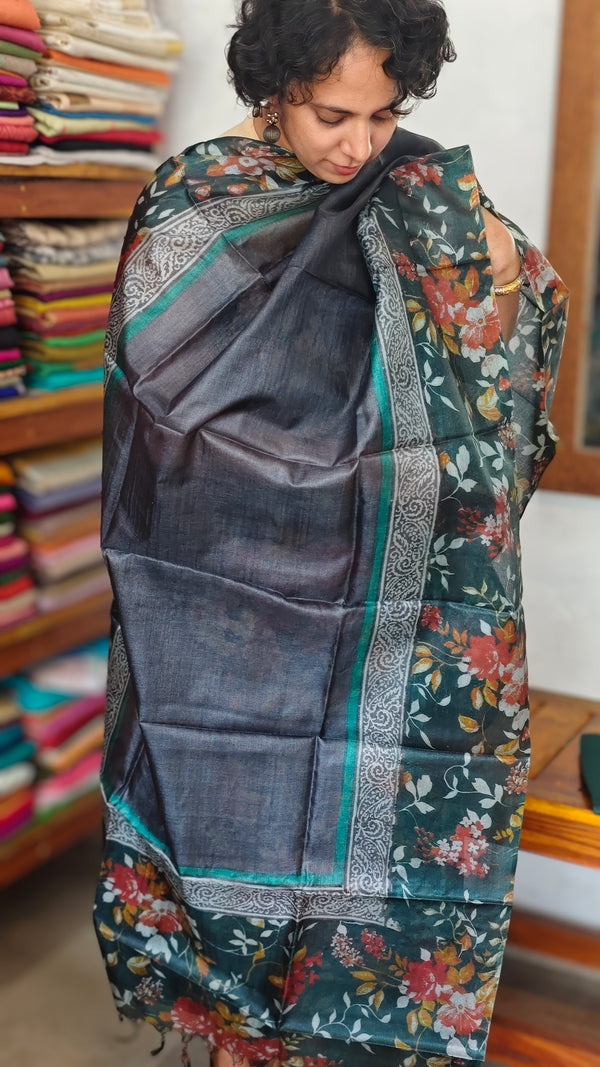 Dark Green Printed Tussar Silk Suit - PTS25