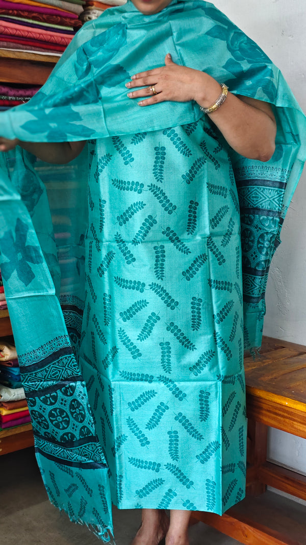 Cyan Blue Printed Tussar Silk Suit - PTS25