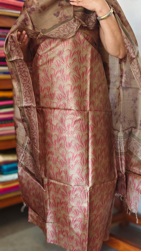 Copper Brown Printed Tussar Silk Suit - PTS25