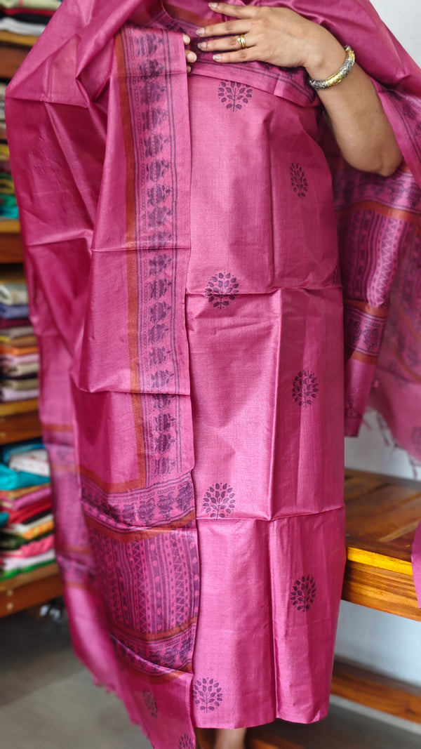 Deep Pink Printed Tussar Silk Suit - PTS25
