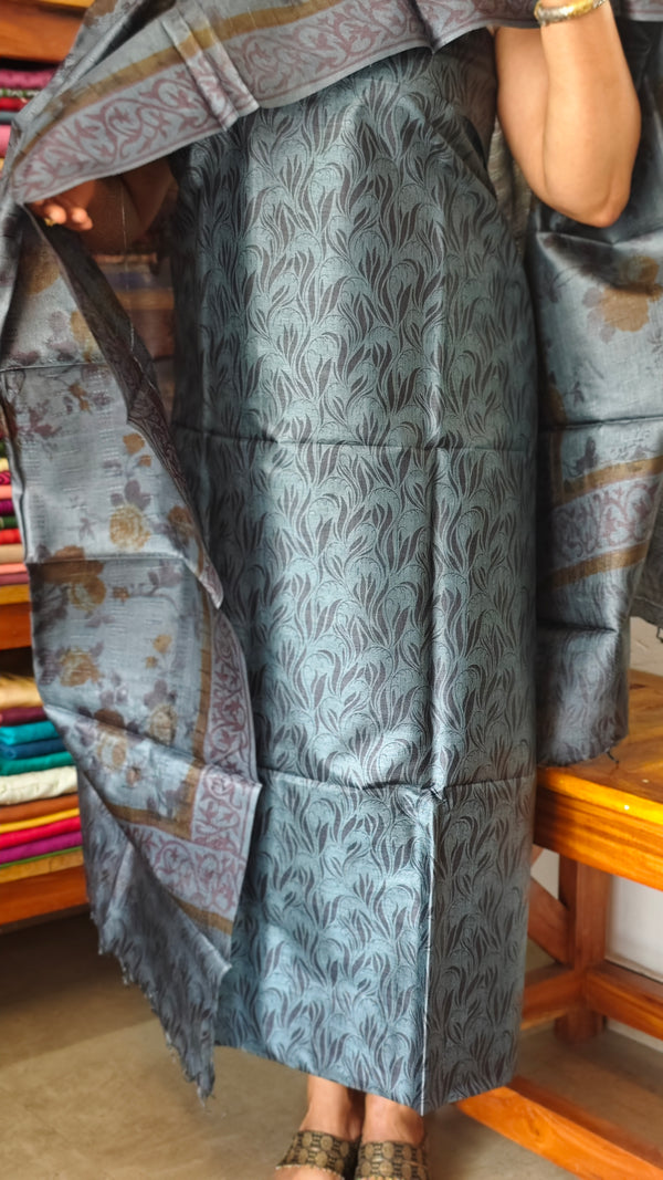 Dark Grey Printed Tussar Silk Suit - PTS25