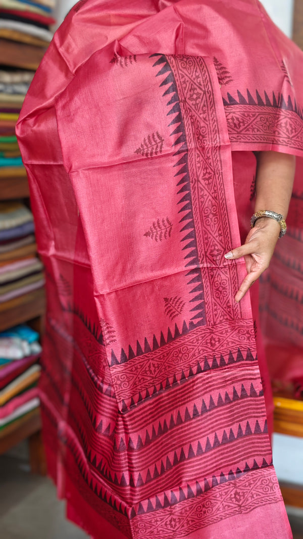 Peach Pink Printed Tussar Silk Suit - PTS25