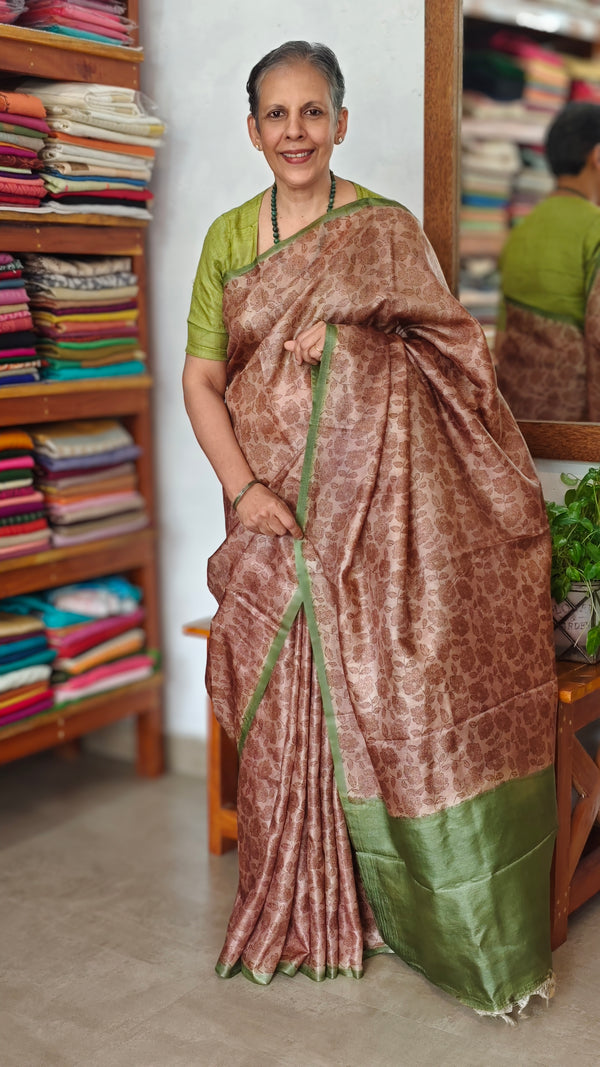 Brown Printed Tussar Silk Saree - VK27