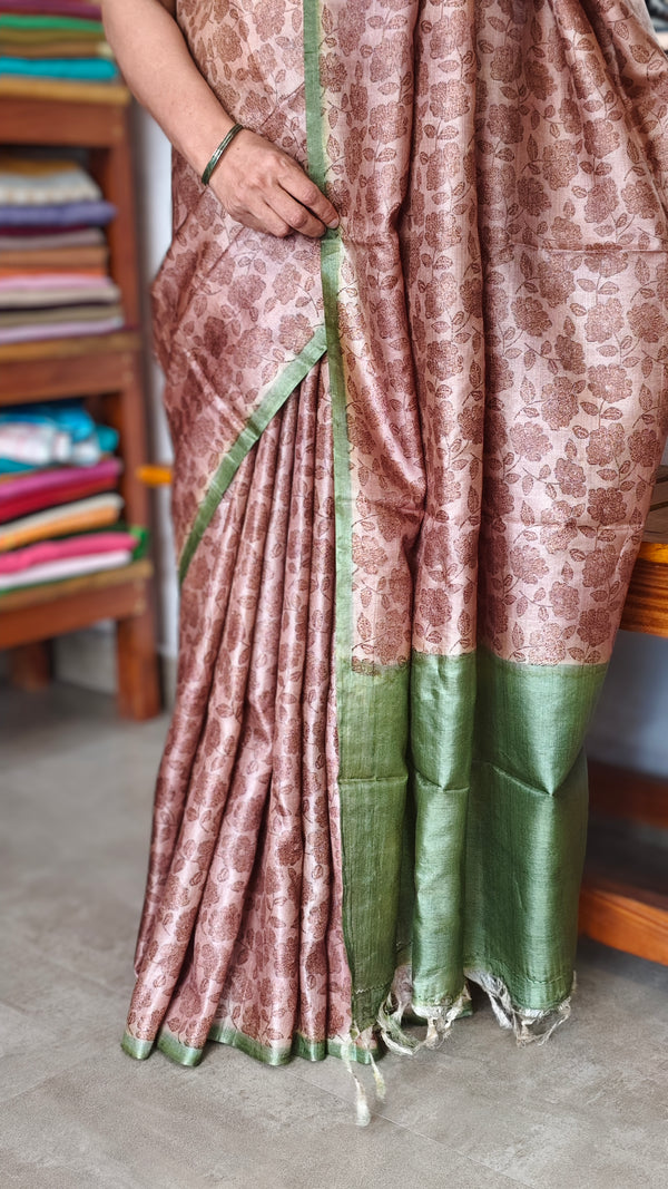 Brown Printed Tussar Silk Saree - VK27