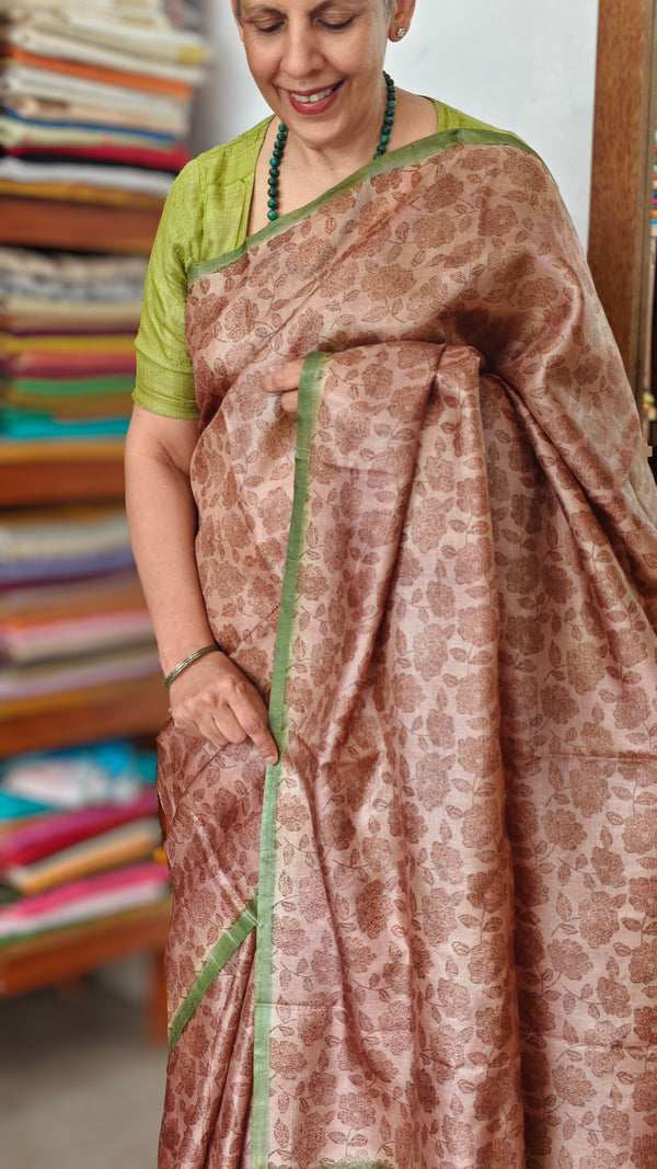 Brown Printed Tussar Silk Saree - VK27