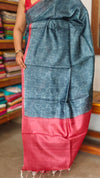 Dark Grey Printed Tussar Silk Saree - VK27