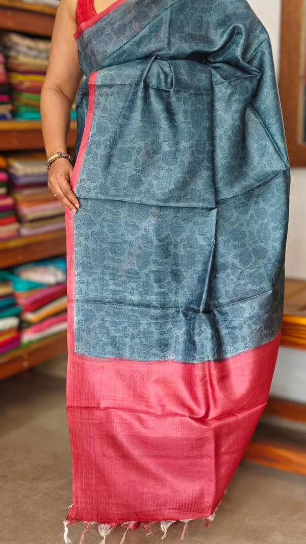 Dark Grey Printed Tussar Silk Saree - VK27