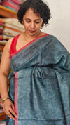Dark Grey Printed Tussar Silk Saree - VK27