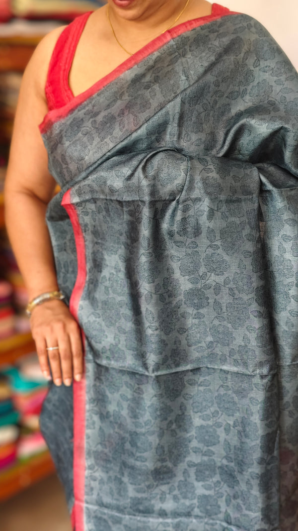 Dark Grey Printed Tussar Silk Saree - VK27