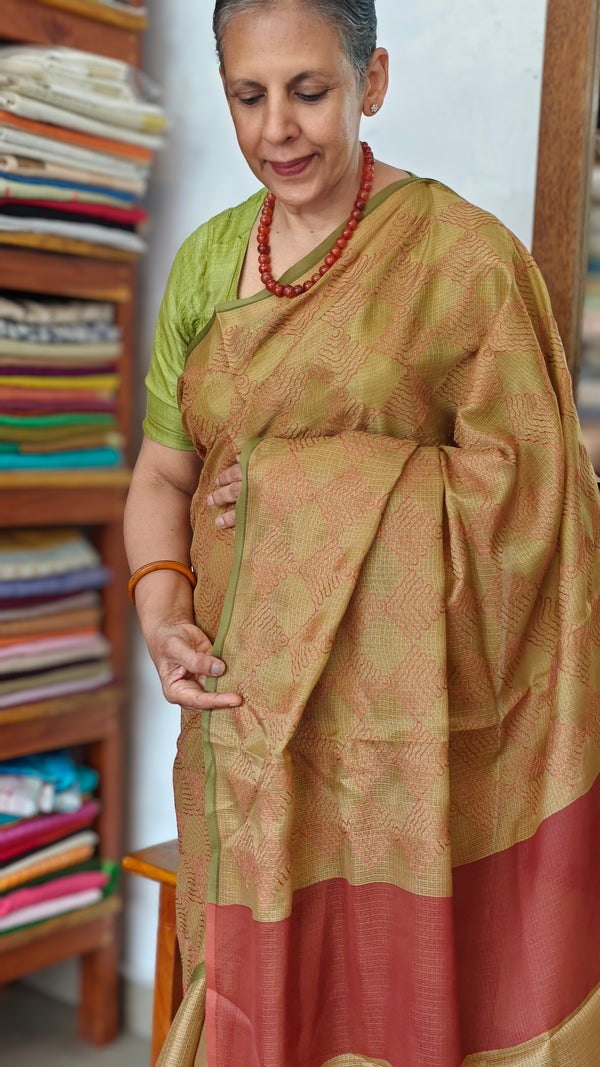 Golden Mustard Embroidered Kota Saree - 329N