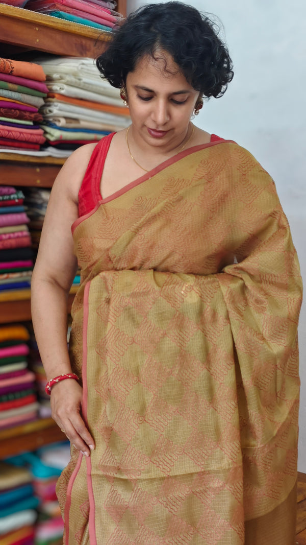 Golden Mustard with Brick Red Embroidered Kota Saree - 329N