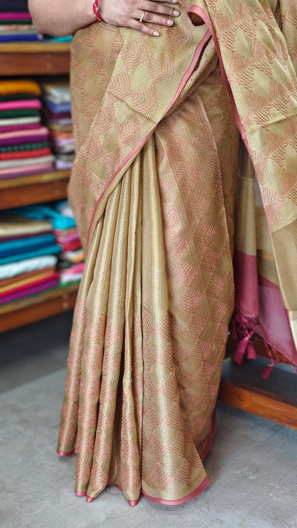 Golden Mustard with Brick Red Embroidered Kota Saree - 329N