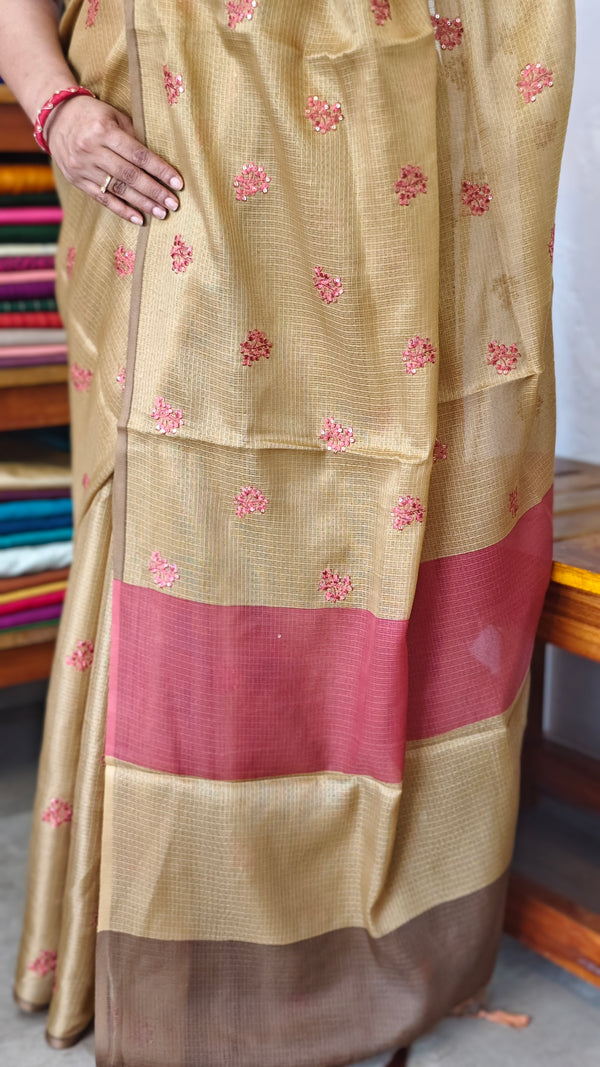 Brown Mustard Embroidered Kota Saree - 329N