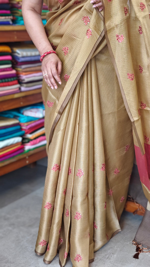 Brown Mustard Embroidered Kota Saree - 329N