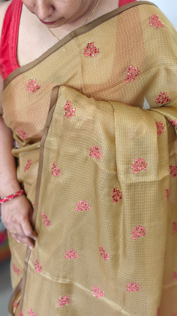 Brown Mustard Embroidered Kota Saree - 329N