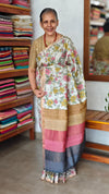 Off White Checked Tussar Floral Print Saree