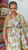 Off White Checked Tussar Floral Print Saree